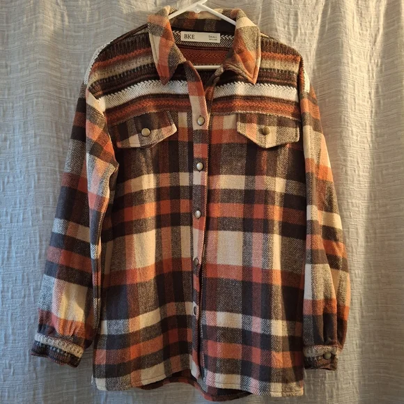 BKE Orange Brown Plaid Button Down Shacket-Size S - Picture 1 of 7